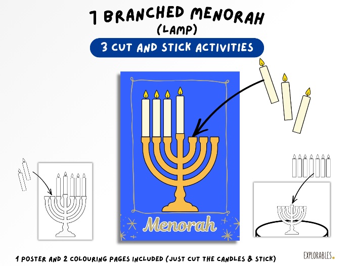 Seven-branched Menorah Candle Holder Craft Printable Cut And Stick The Feast Day Colouring Sheets
