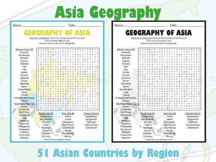 Asia Geography Word Search Puzzle | 51 Asian Countries by Region