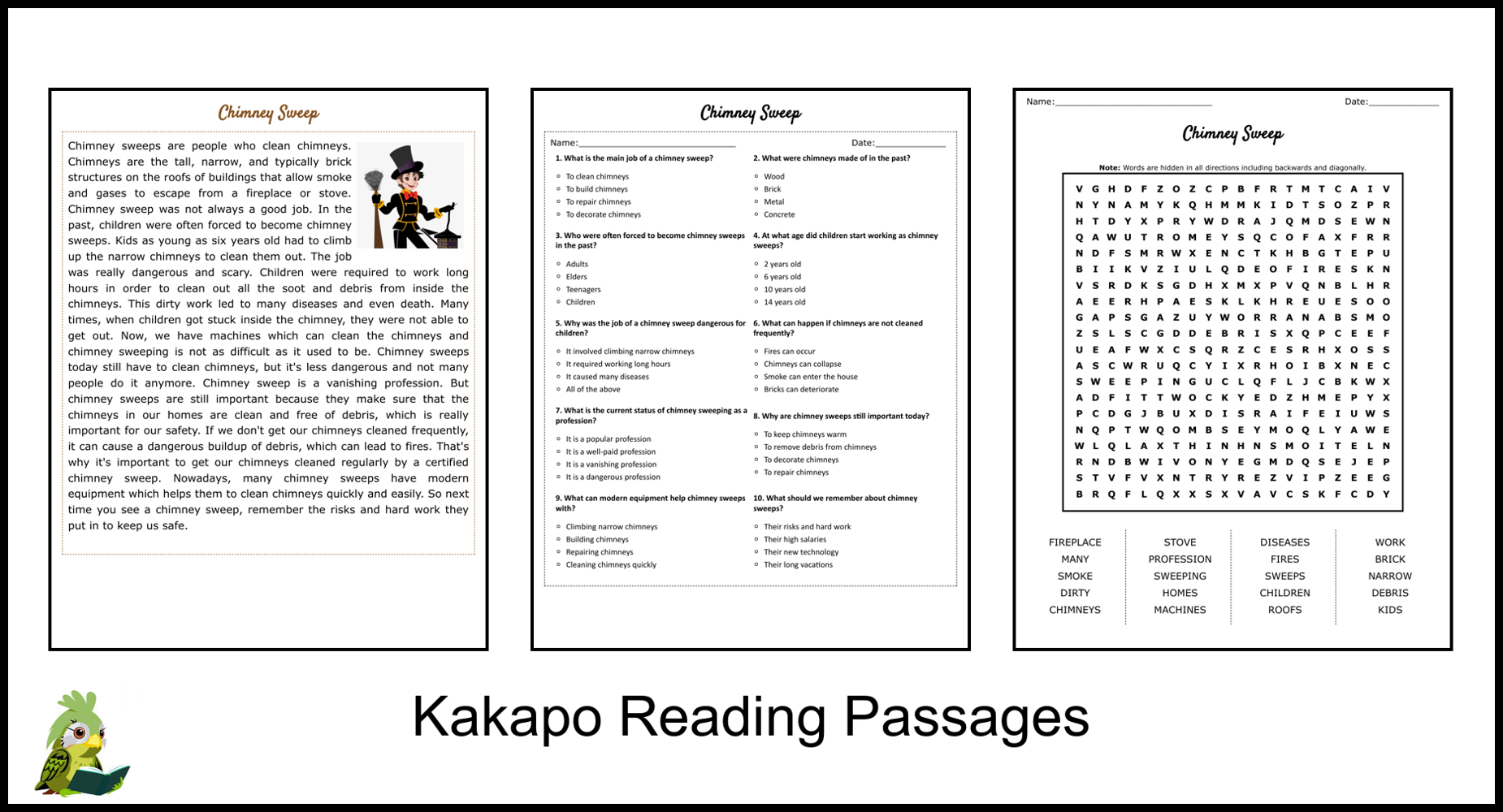 Chimney Sweep Reading Comprehension and Word Search Teaching Resources