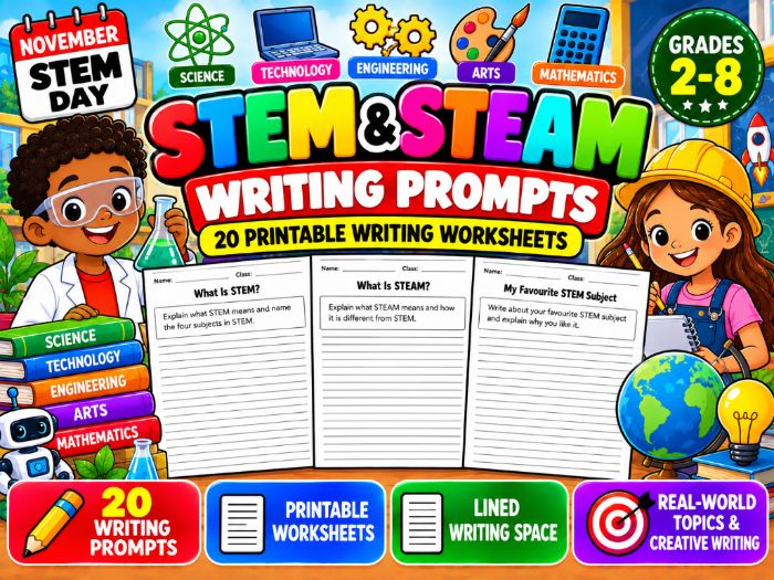 STEM & STEAM Writing Prompts | 20 Printable Writing Worksheets