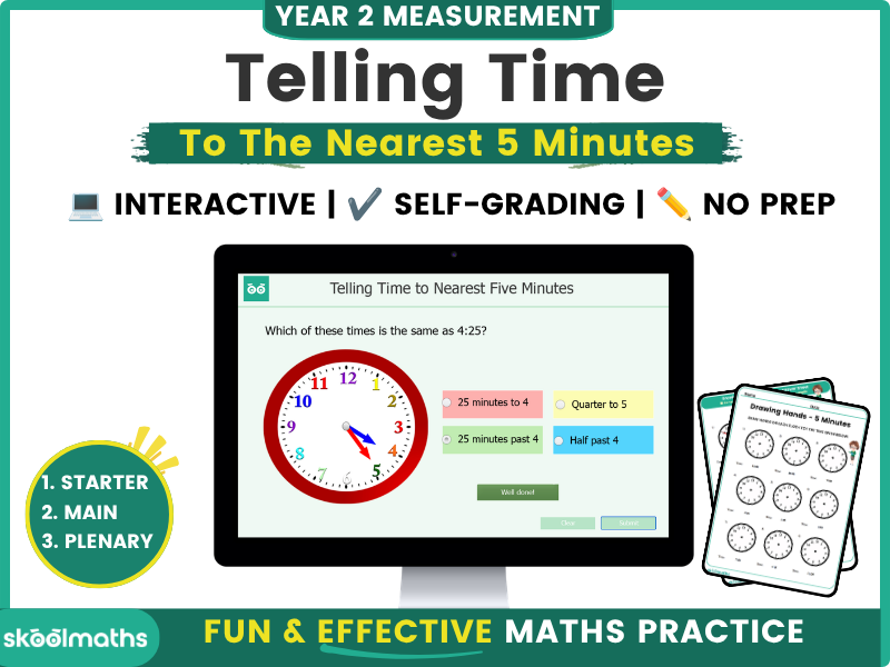 Telling the Time To The Nearest 5 Minutes - Year 2 Interactive Digital Activities with worksheets