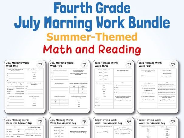 Summer-Themed | Fourth Grade July Morning Work Bundle | Reading and Math
