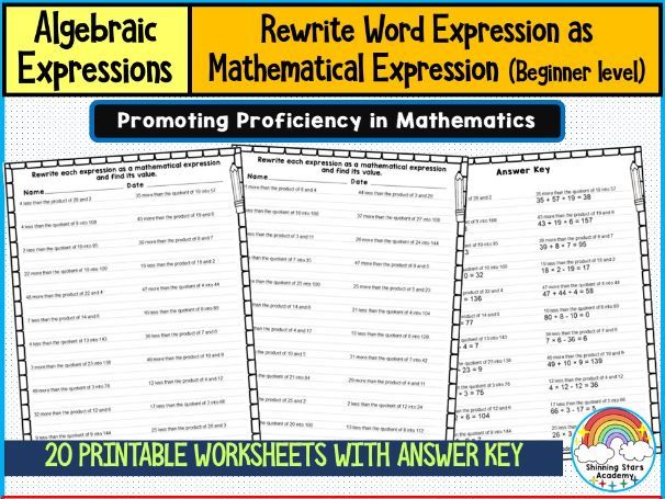 Rewrite Each Word Expression as Mathematical Expression (Beginner Level) Worksheets Translating Work