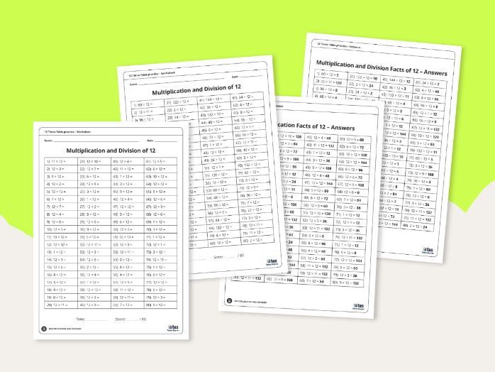 Multiplication and division practice worksheets for the 12 times table