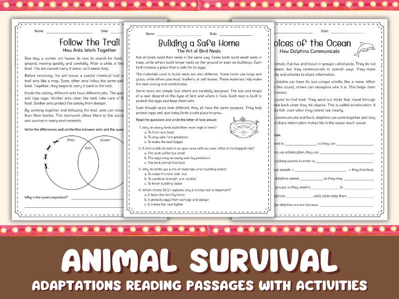 Animal Survival & Adaptations Reading Passages with Activities