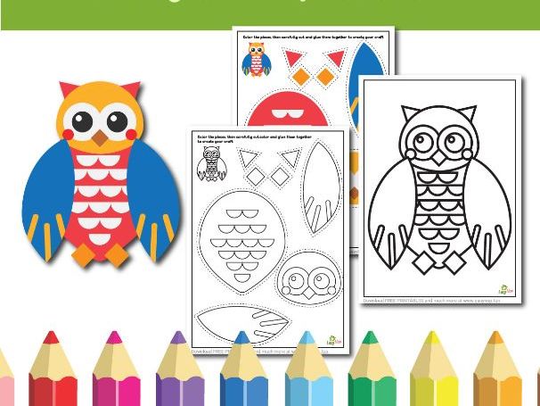 Owl Simple Shapes Art & Craft Printable Pack Build an Owl – Cut, Color, and Glue Activity for Kids