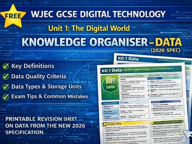 FREE WJEC GCSE Digital Technology Unit 1 Knowledge Organiser – Data (2026 Spec)