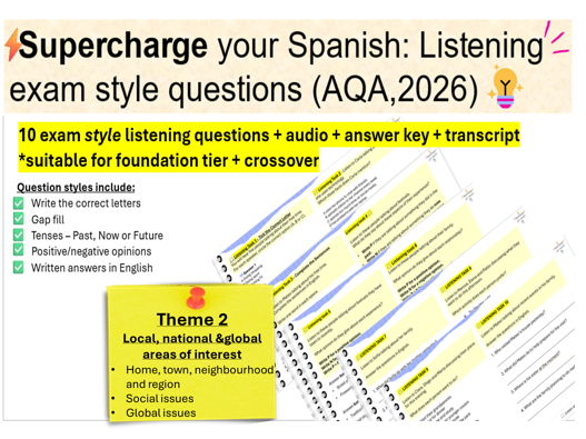 GCSE Spanish Revision: Listening Exam style questions+audio (AQA, 2026 -theme 2)
