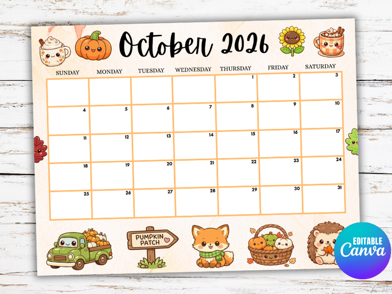 EDITABLE October 2026 2027 Calendar, Autumn Monthly Calendar, School Calendar