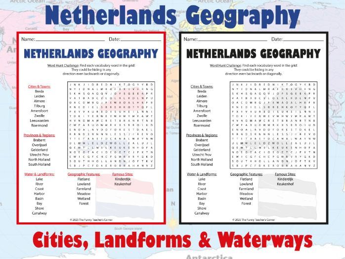 Netherlands Geography Word Search | Cities, Provinces, Landforms & Waterways