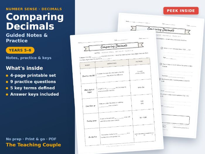 Comparing Decimals Guided Notes & Practice + Answer Keys | Years 5-6