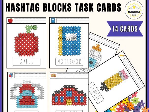 Back to School Hashtag Block Task Cards Building STEM Math Challenge Activities