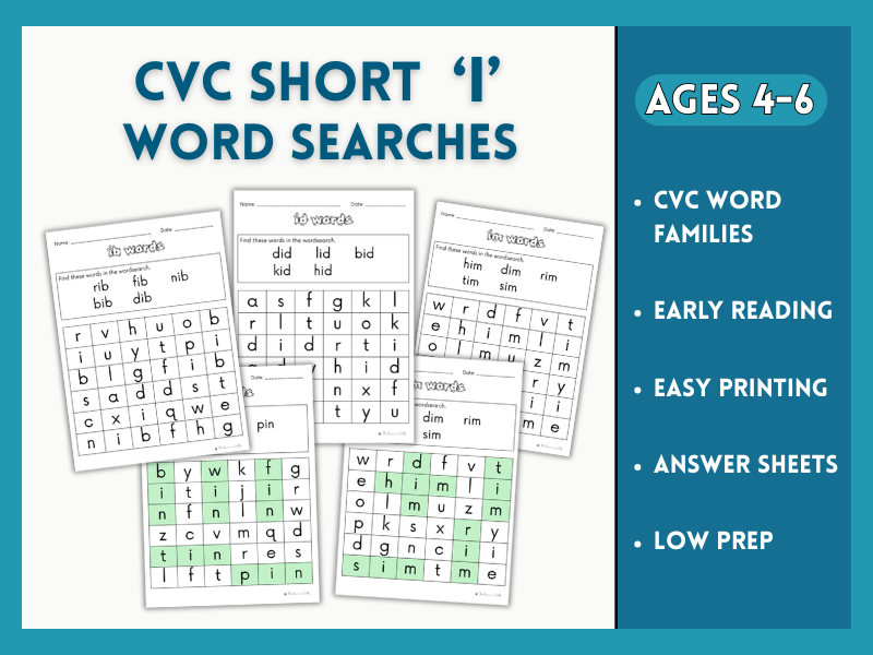 CVC Word Search - Short Vowel I Family