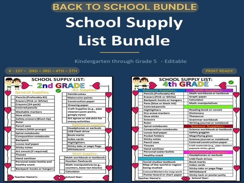 School Supply List Bundle K-5 | Editable Printable Back to School Parent Handout