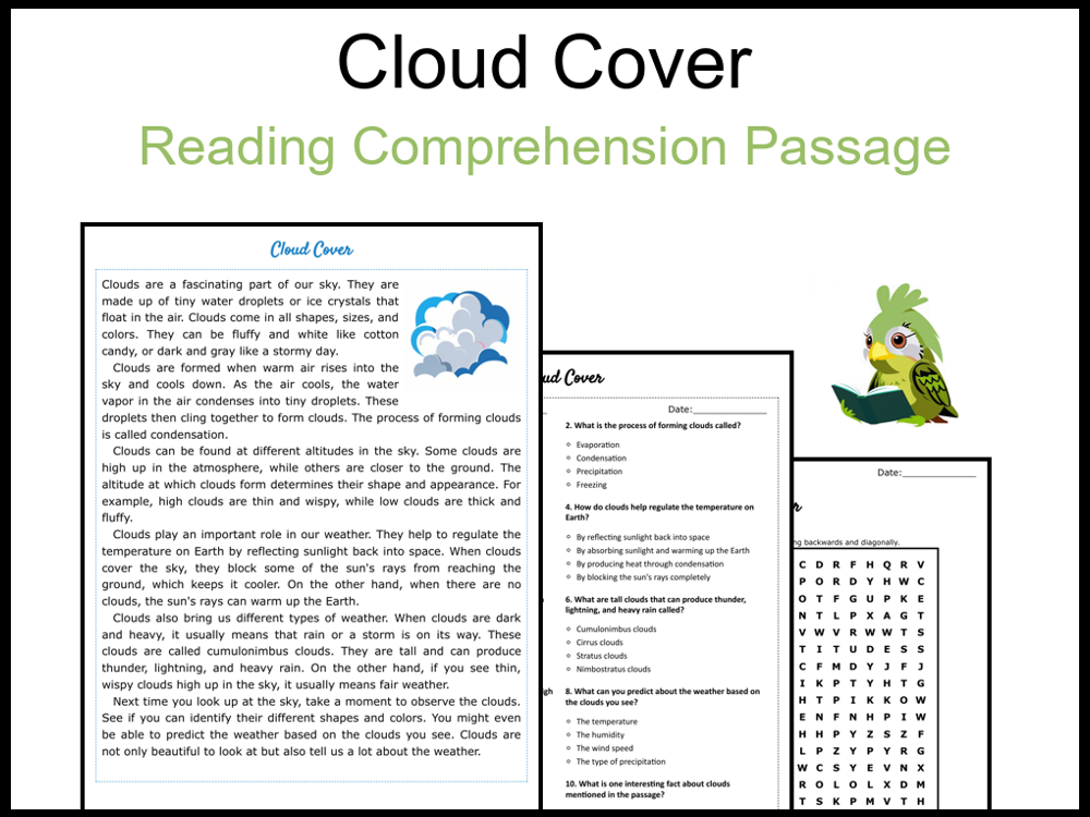 Cloud Cover Reading Comprehension and Word Search Teaching Resources