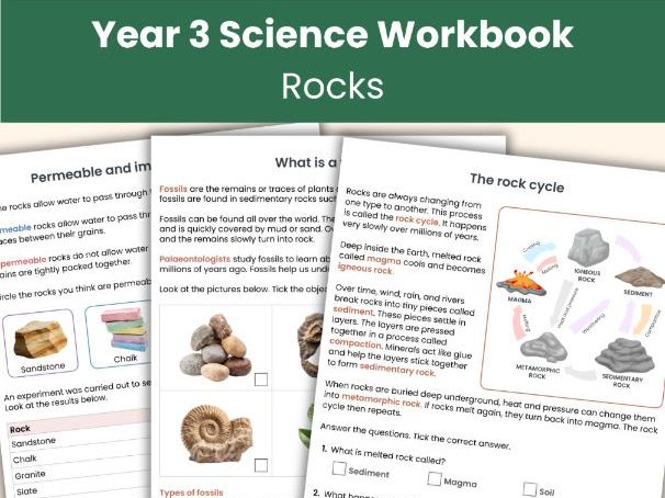 Year 3 Rocks Workbook | KS2 Science Worksheets | Rocks, Fossils, Soil | Printable Learning Resource