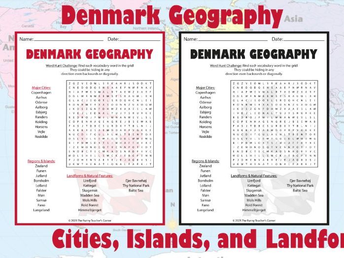 Denmark Geography Word Search | Cities, Islands, and Landforms of Denmark
