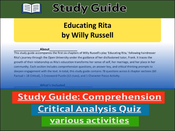 Study Guide for :Educating Rita by Willy Russell  & Comprehension Test