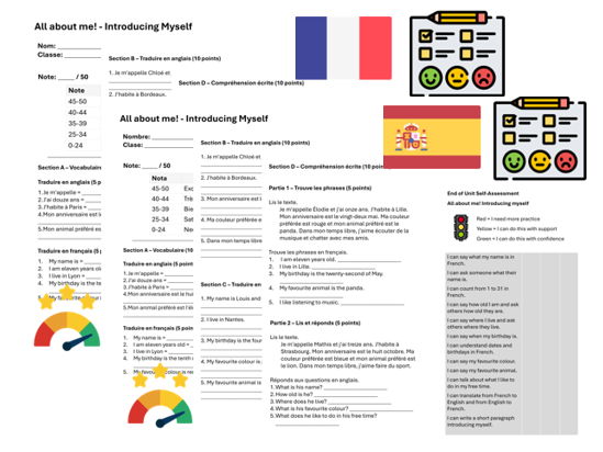 All about me! Introducing myself (French & Spanish) – Assessment, Mark Scheme & Self Assessment
