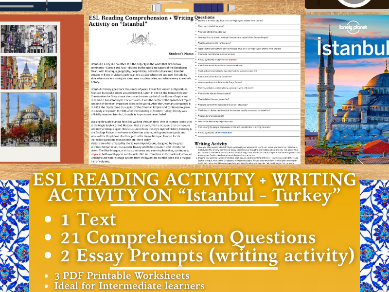 ESL Reading Comprehension + Writing Activity Worksheets on Istanbul - Turkey