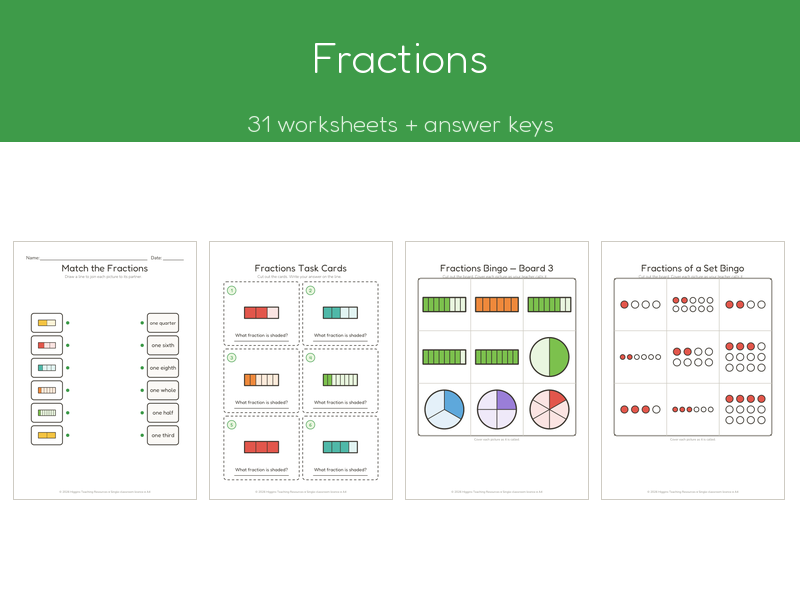 Fractions | 31 No-Prep Worksheets + Answer Keys | Ages 7-11