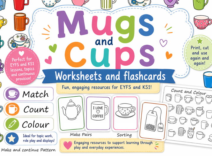 Mugs and Cups Worksheets and Flashcards