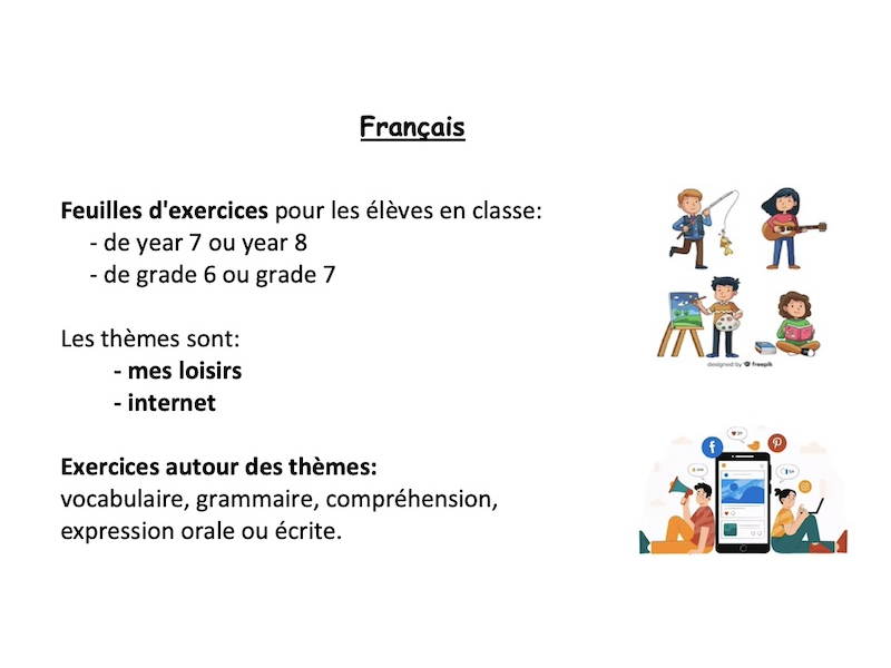 French year 7 or 8 (grade 6 or 7): mes loisirs, internet (vocabulary, grammar, reading)