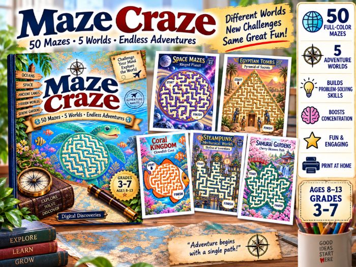 Maze Craze – 50 Illustrated Maze Puzzles | Problem-Solving & Logic Activities | Ages 8–13 | Grades 3