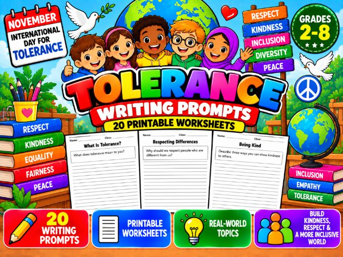 International Day for Tolerance Writing Prompts | 20 Printable Worksheets