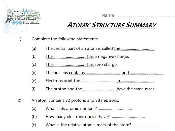 Atomic Structure Summary Questions GCSE Physics/Chemistry