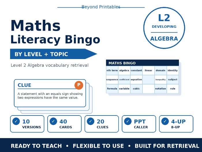 Maths Literacy Bingo: L2 Developing Algebra | 10 Versions | PPT Clues + 40 Cards