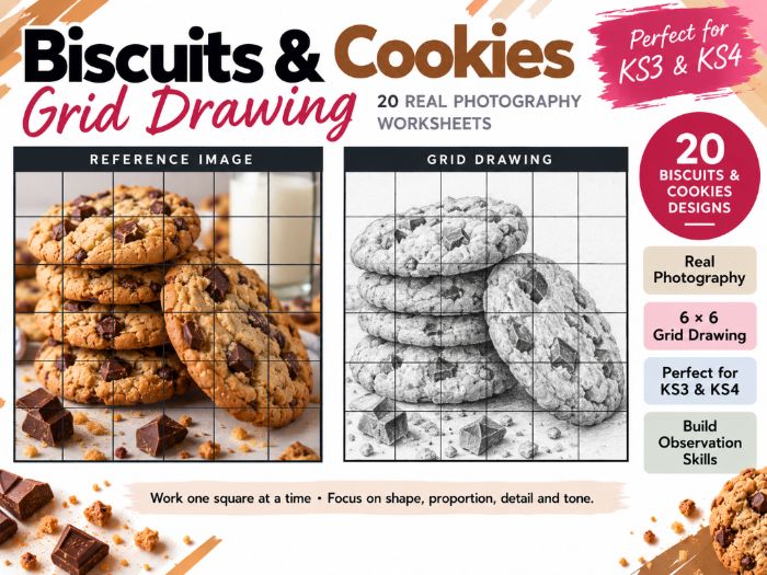 Biscuits & Cookies Grid Drawing Worksheets | 20 Real Photography Art Activities | KS3 & KS4