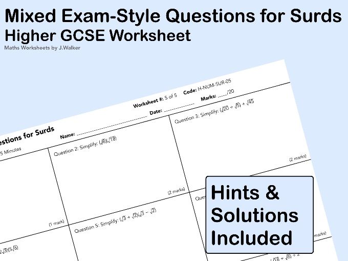 GCSE Maths Worksheet: Mixed Exam-Style Questions for Surds - Higher Tier