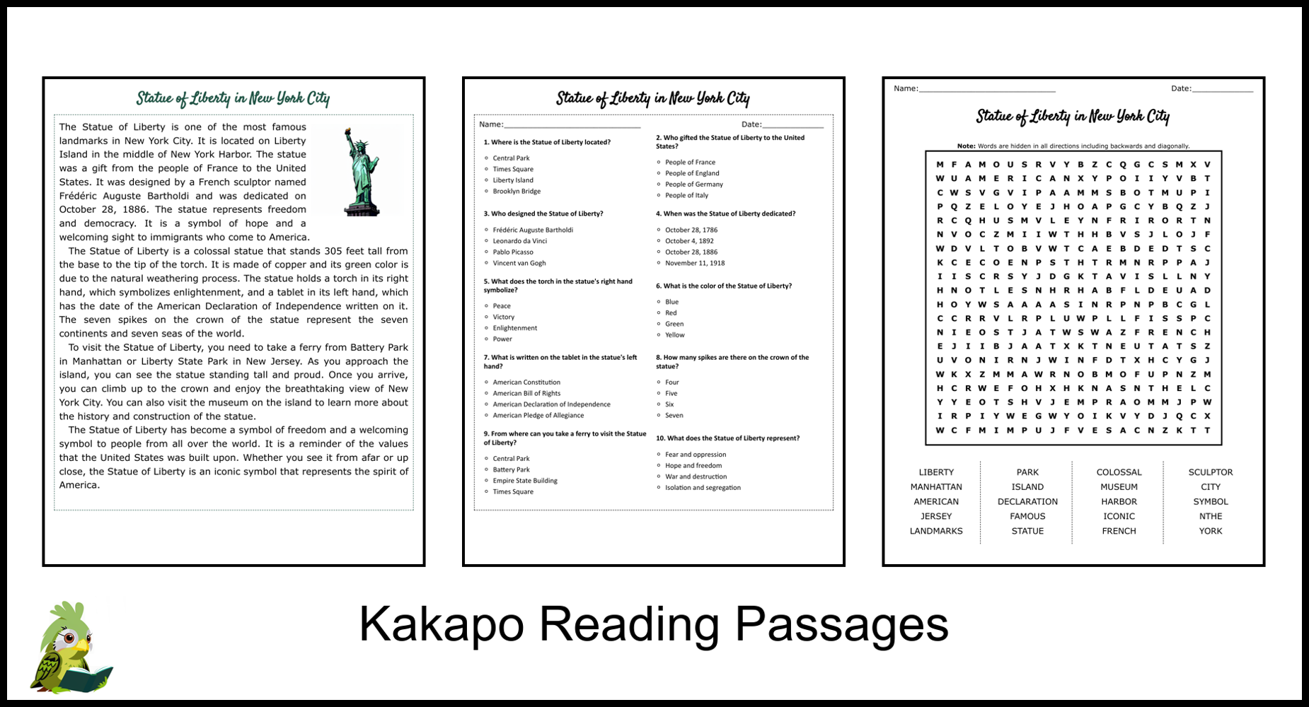 Statue of Liberty in New York City Reading Comprehension and Word