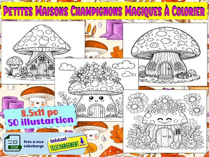 Petites Maisons Champignons Magiques à Colorier