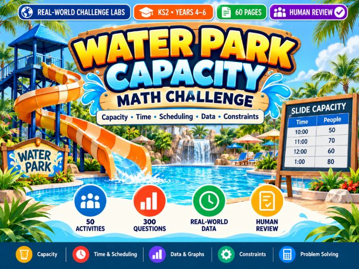 Water Park Capacity Maths Challenge KS2 Years 4–6 60 Pages