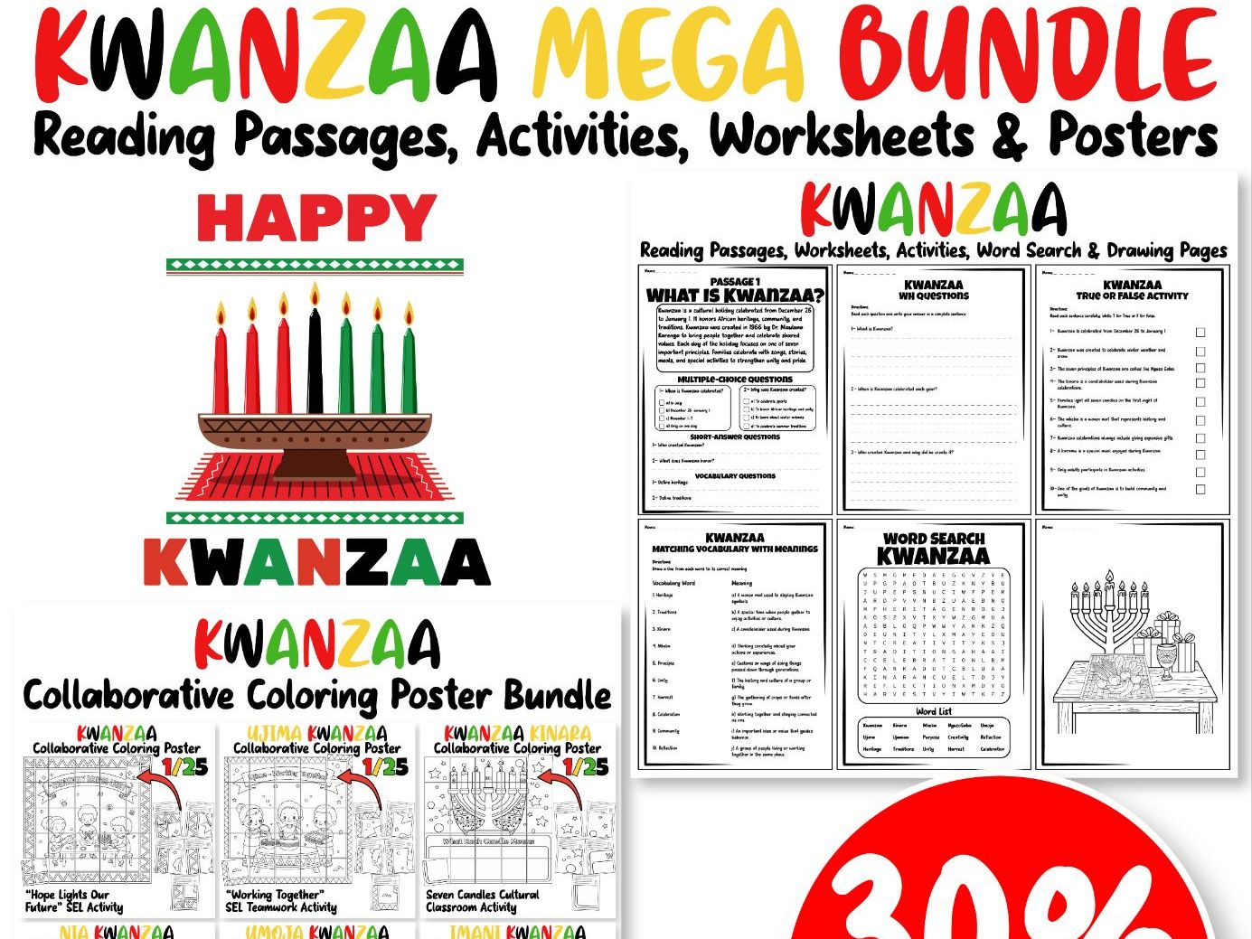 Kwanzaa MEGA Bundle: Reading Passages, Activities, Worksheets & Posters