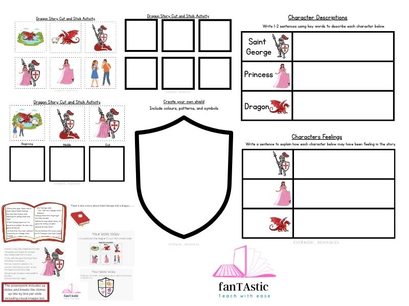 St George’s Day Bundle – KS1 & KS2 (Years 2–4) PowerPoint, Worksheets & Activities | Story, Sequencing, Character & Shield Design