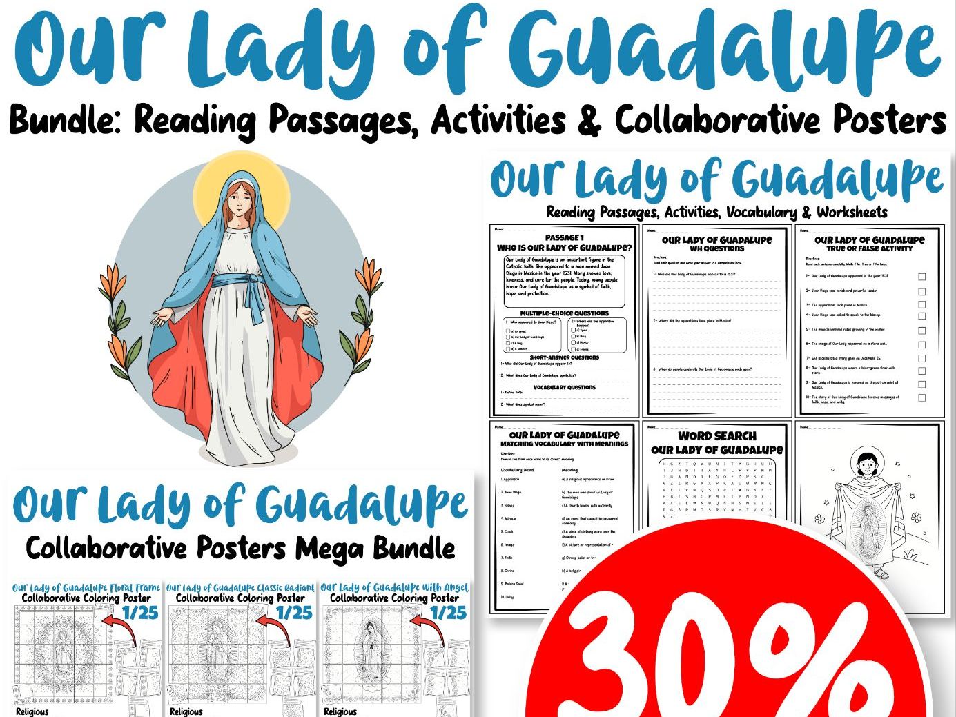 Our Lady of Guadalupe Bundle: Reading Passages, Activities & Collaborative Posters