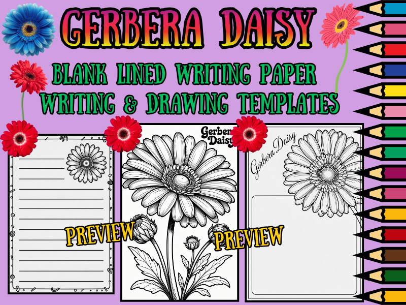 NO PREP Gerbera Daisy Writing Paper & Coloring Pages | Blank Lined Templates