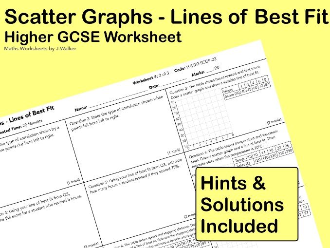 GCSE Maths Worksheet: Scatter Graphs - Lines of Best Fit - Higher Tier