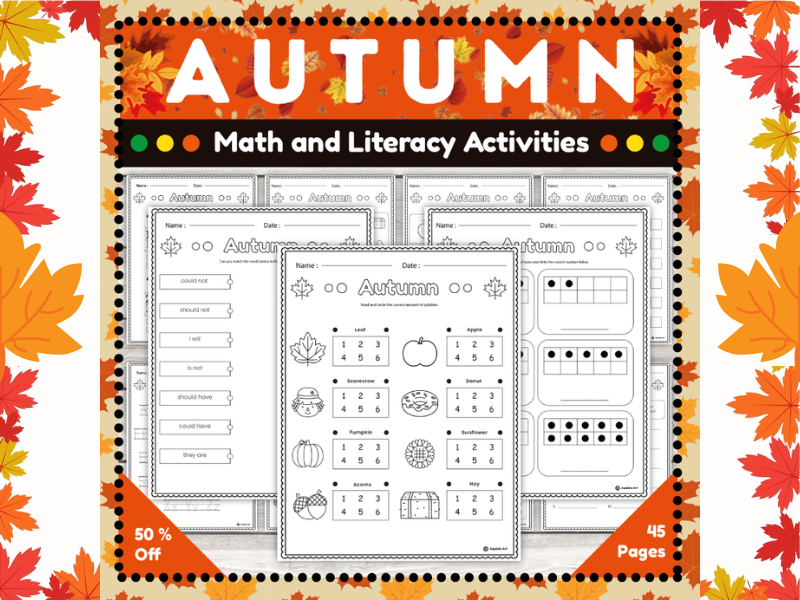 Fall Themed Math and Literacy Packet : No Prep Autumn Activities Printables