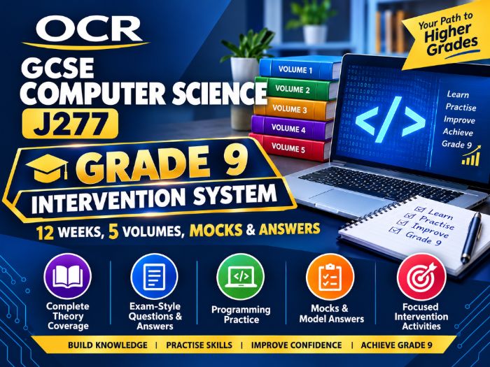 OCR GCSE Computer Science J277 Grade 9 Intervention System | 12 Weeks, 5 Volumes, Mocks & Answers