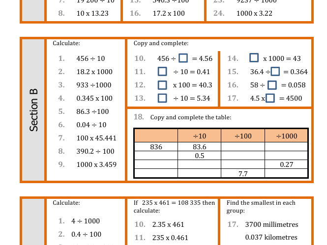 Multiplying and dividing by 10, 100, 1000 (with decimals)