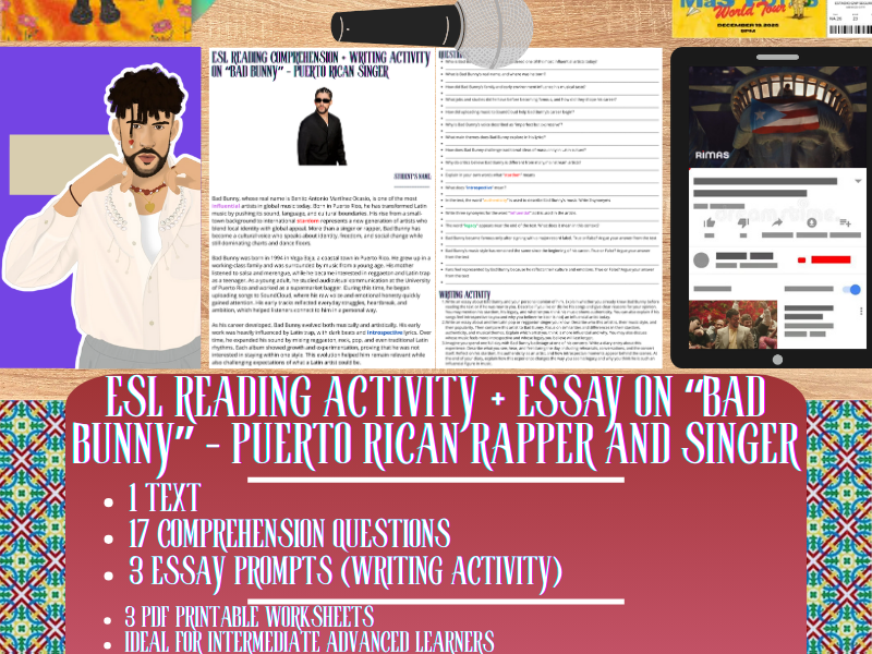ESL Reading Comprehension + Writing Activity - Bad Bunny - Puerto Rican Rapper