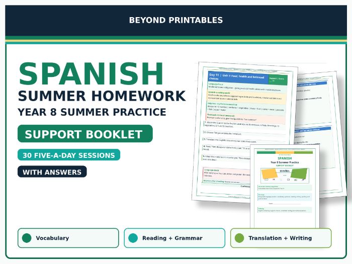 Spanish Summer Homework Booklet: Year 8 Summer Practice Support with Answers