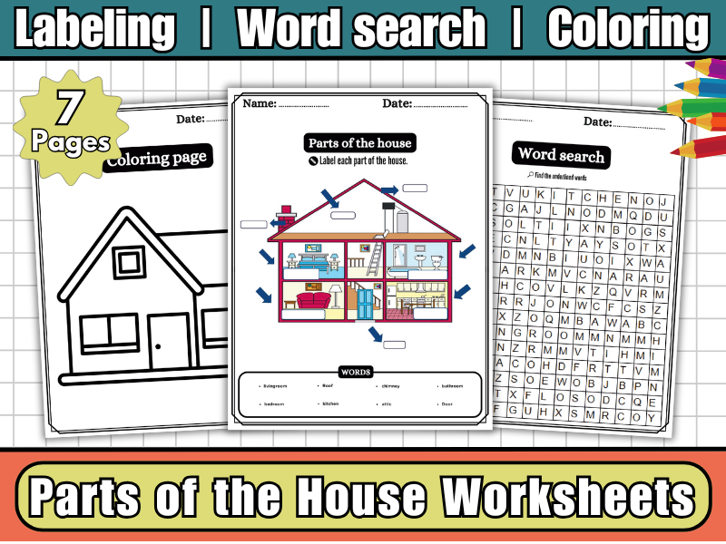 Parts of the House-House Labeling Worksheet,WordSearch,Coloring & Activities-Home Vocabulary for Kid