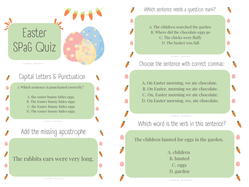 FREE Easter SPaG Quiz KS2 – 20 Question Grammar, Punctuation & Spelling Activity | Year 3–6 |