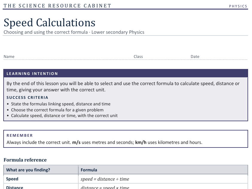 Speed, Distance & Time Calculations Worksheet
