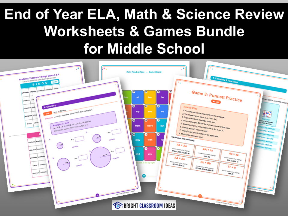 End of Year ELA, Math & Science Review Worksheets & Games Bundle | Grades 6 - 8